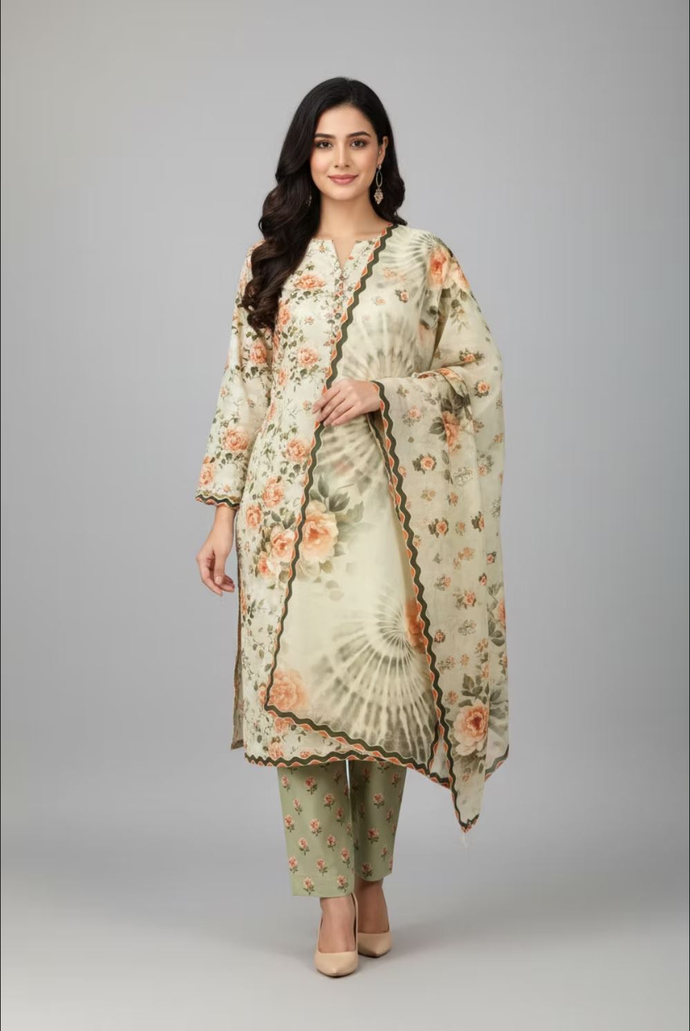 A woman modeling a traditional three-piece salwar kameez suit in a light beige and sage green floral print, featuring a long kurta with a matching dupatta and trousers, set against a plain gray studio background.