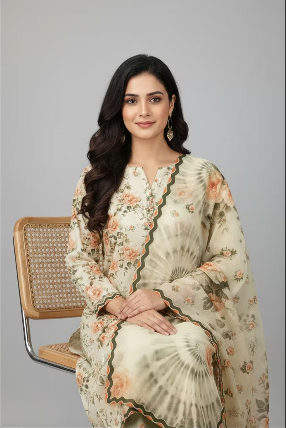 A woman seated on a woven-back chair wearing a cream-colored traditional outfit with floral prints and green border accents, photographed against a plain light gray studio background.