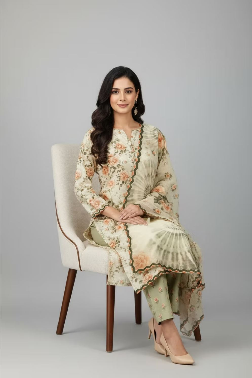 A woman sits on a cream upholstered chair wearing a light beige embroidered traditional outfit with floral print, matching pants, and beige heels against a light gray studio background.